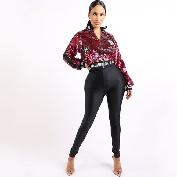 Sequin Cropped Embroidery Patches Varsity Bomber Jacket - Picture 5 of 11